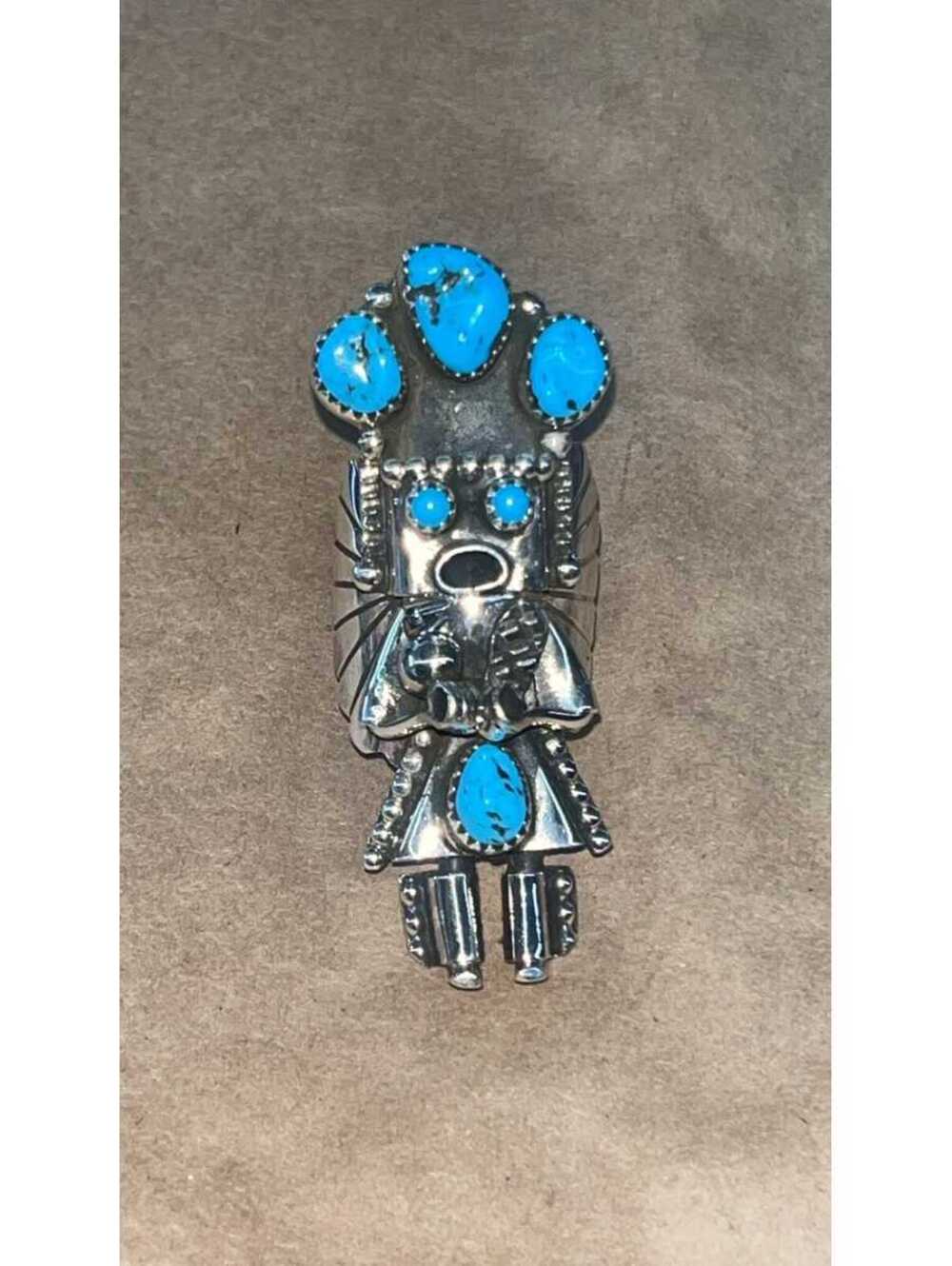 Navajo turquoise traditional sterling silver kachina cluster ring size 8.75